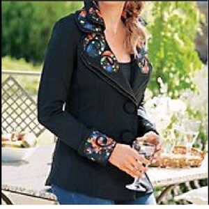 Soft Surroundings Women's Blazer Medium Black Jacket Floral Shapeable Collar M